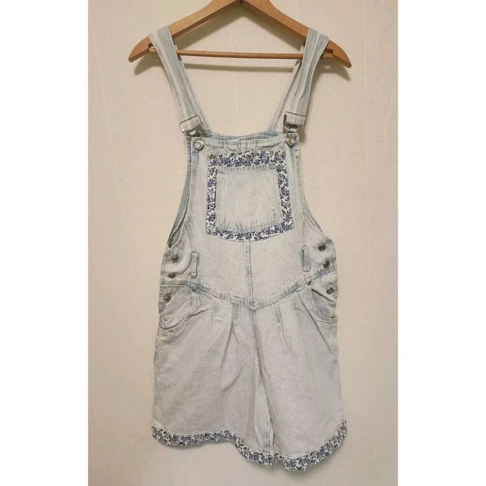 90s Vintage Womens Denim Overalls Shorts Blue Floral Print Juniors 9/10